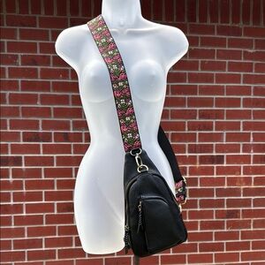 Black Crossbody Bag with Floral Strap